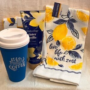 Zesty Life Kitchen Towel Bundle with Blue Travel Coffee Tumbler (2).